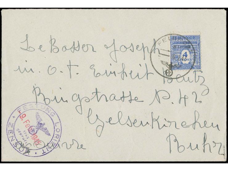 4 Fr. ultramarin, mit Feldpost Normstempel "9.2.45" auf portogerechtem Brief nach Deutschland mit nebengesetzem Stempel "FEST