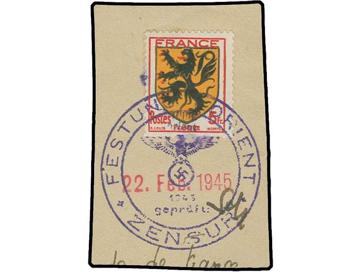 5 Fr. ocker/schwarz/rosakarmin mit Stempel "FESTUNG LORIENT ZENSUR 22.FEB.1945" auf Briefstück, Auflage nur 75 Stück, Kabinet