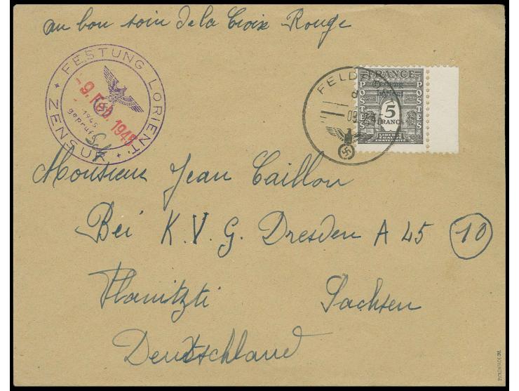 5 Fr. grauschwarz, rechtes Randstück mit Feldpost Normstempel "9.2.45" auf portogerechtem Brief nach Deutschland mit nebenges