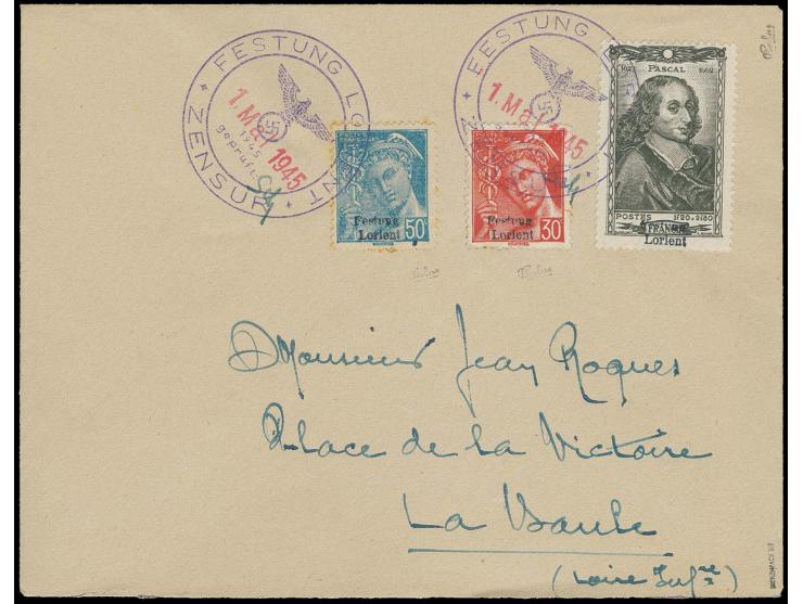 Wohlfahrtsmarken: 1,20 Fr. mit 30 und 50 C. als Zufrankatur mit Stempel "FESTUNG LORIENT ZENSUR 1.MAI.1945" auf portogerechte