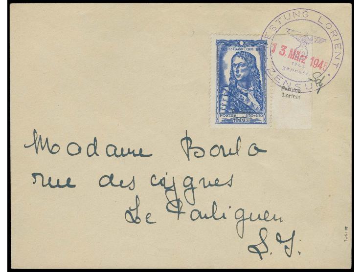 1.50 Fr. ultramarin mit rechtem Seitenrand mit zusätzlichem Aufdruck, mit Stempel "FESTUNG LORIENT ZENSUR 13.MÄRZ.1945" auf B
