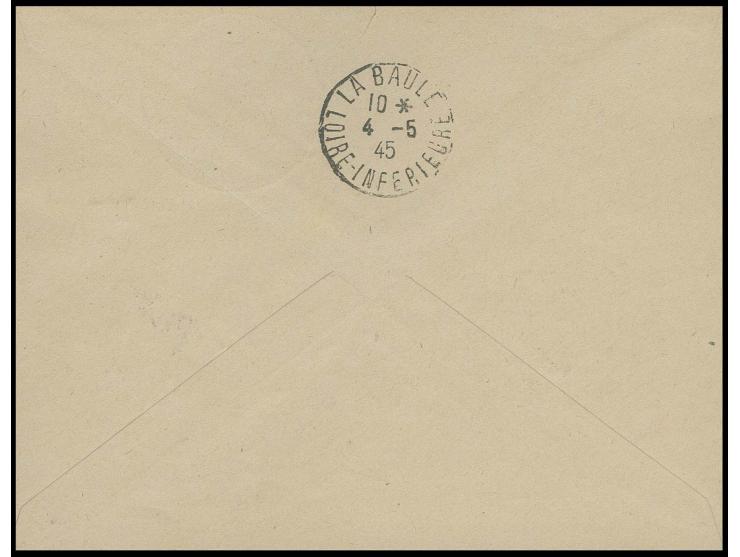 2 Fr. braunkarmin mit Stempel "FESTUNG LORIENT ZENSUR 1.MAI.1945" auf Brief nach La Baule mit rückseitigem Ankunftsstempel, s