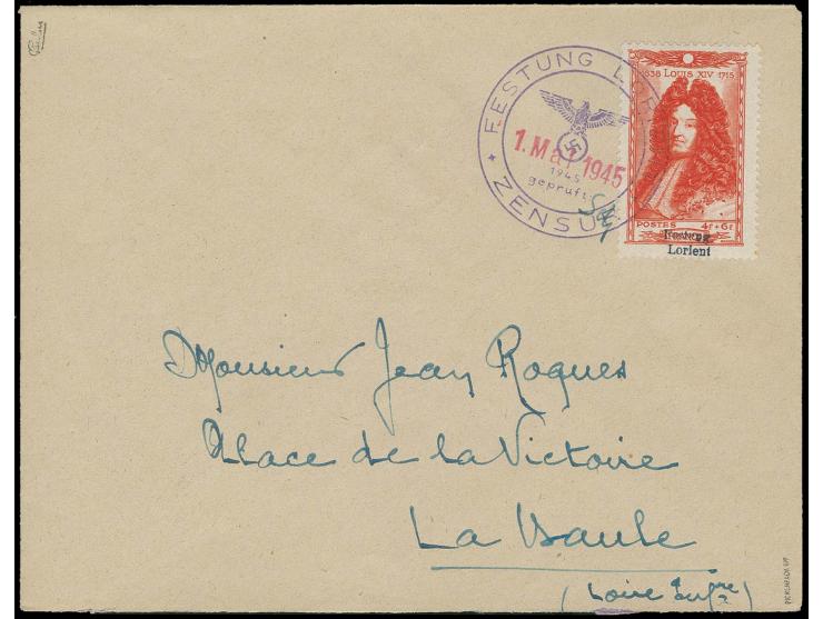 4 Fr. ziegelrot mit Stempel "FESTUNG LORIENT ZENSUR 1.MAI.1945" auf Brief nach La Baule mit rückseitigem Ankunftsstempel, seh