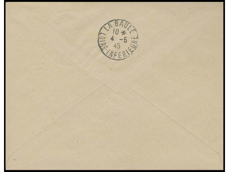 4 Fr. ziegelrot mit Stempel "FESTUNG LORIENT ZENSUR 1.MAI.1945" auf Brief nach La Baule mit rückseitigem Ankunftsstempel, seh