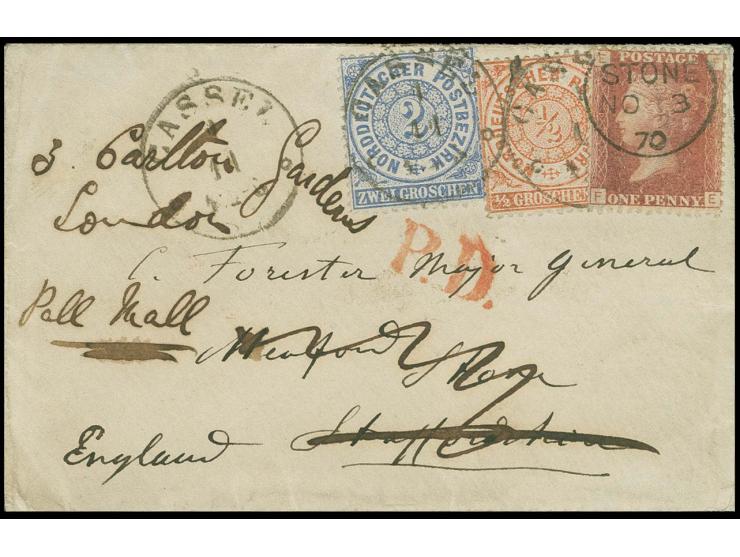 1869, ½ Groschen orange und 2 Groschen ultramarin mit EKr. "CASSEL 1 11" (1870) auf kleinem Briefkuvert nach Stone, hier umad