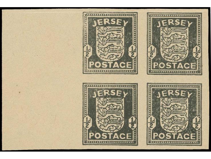 1941/42, Probedruck ½ P. schwarz auf bräunlichem, dünnen Papier, Viererblock mit linkem Bogenrand, ohne Gummi wie verausgabt,