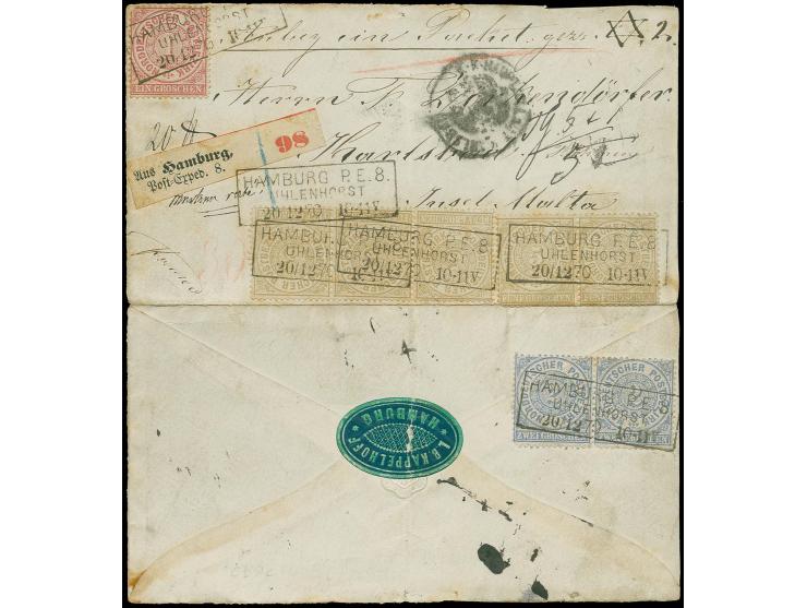  MALTA: 1869, 1 Groschen karmin, 2 Groschen ultramarin im waagerechten Paar und 5 Groschen ocker im Paar und 3er-Streifen mit