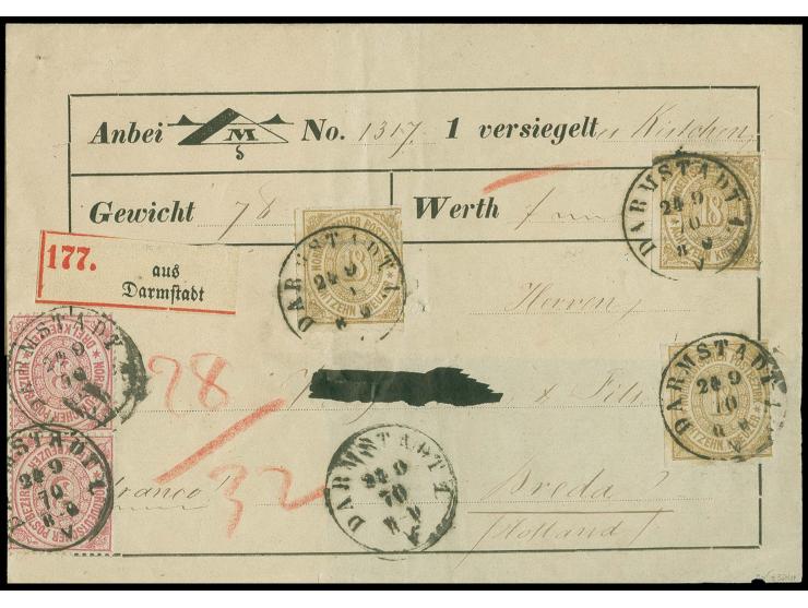  NIEDERLANDE: 1868, 18 Kreuzer ocker, 3 Einzelwerte zusammen mit 1869, 3 Kreuzer karmin im senkrechten Paar, mit EKr. "DARMST