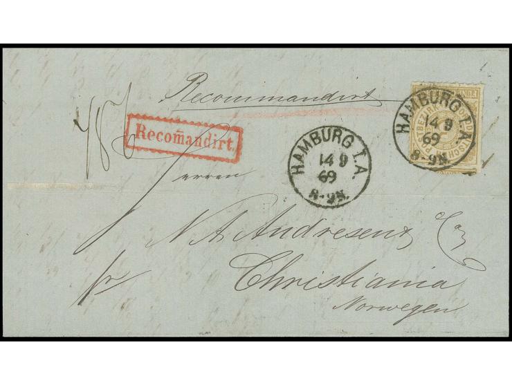  NORWEGEN: 1868, 5 Groschen ocker, farbfrisch und gut durchstochen mit klarem auf- und nebengesetztem EKr. "HAMBURG I.A. 14 9