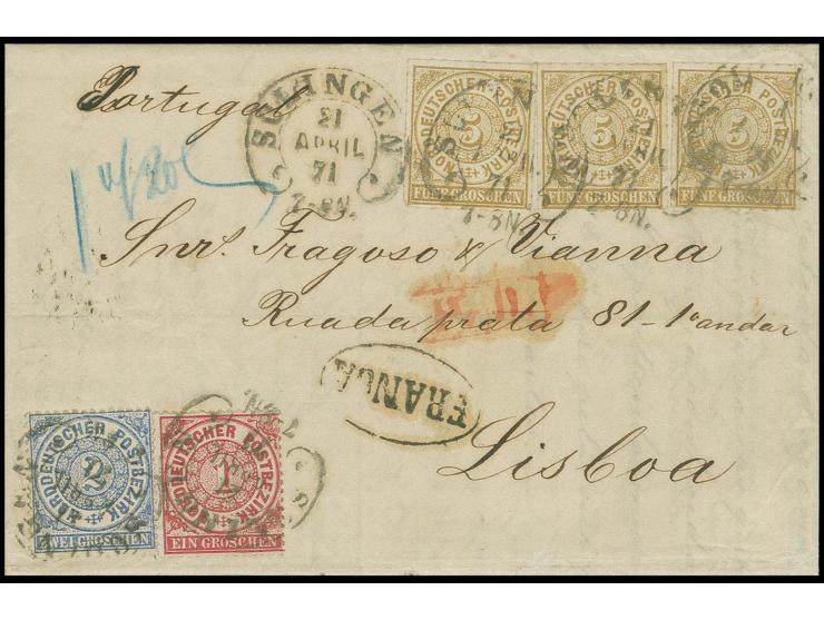  PORTUGAL: 1868, 5 Groschen ocker, 3 Einzelwerte zusammen mit 1869, 1 Groschen karmin und 2 Groschen ultramarin mit Hufeisens