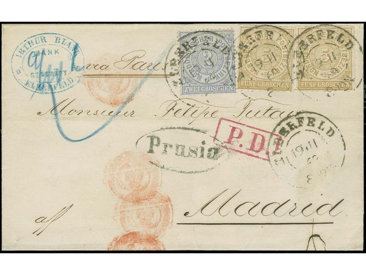  SPANIEN: 1868, 5 Groschen ocker, 2 Einzelwerte zusammen mit 1869, 2 Groschen ultramarin mit DKr. "ELBERFELD 19/11 69" auf Fa