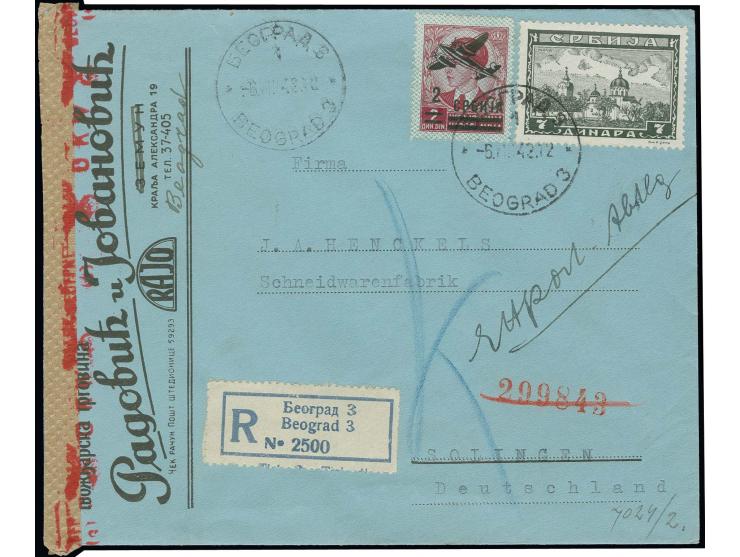 1942, Flugpost 2 D. und Klöster 7 D. mit Stempel "BEOGRAD 6.VIII.42" auf R-Brief mit Zensur nach Solingen, gute Erhaltung, s