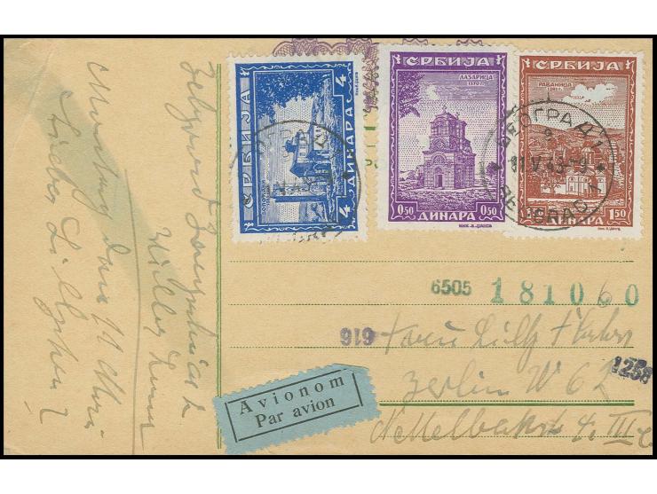1942, Klöster 0,50, 1,50 und 4 D. mit Stempel "BEOGRAD 11.V.43" auf portogerechter Luftpost-Karte nach Berlin, kleiner Eckbug