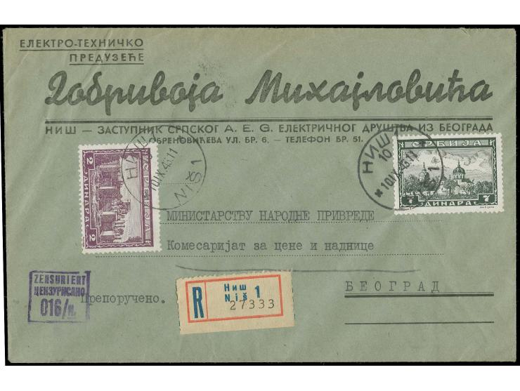 2 und 7 D. mit Stempel "NIX 10.IX.43" auf R-Brief nach Belgrad, mit Zensurstempel von Nis in der seltenen Variante mit unters