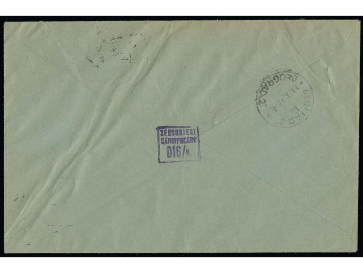 2 und 7 D. mit Stempel "NIX 10.IX.43" auf R-Brief nach Belgrad, mit Zensurstempel von Nis in der seltenen Variante mit unters