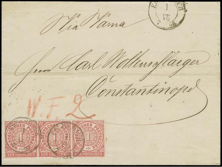  TÜRKEI: 1868, 1 Groschen karmin im waagerechten 3er-Streifen, farbfrisch und gut durchstochen mit Sachsen DKr. "EBERSBACH 1 