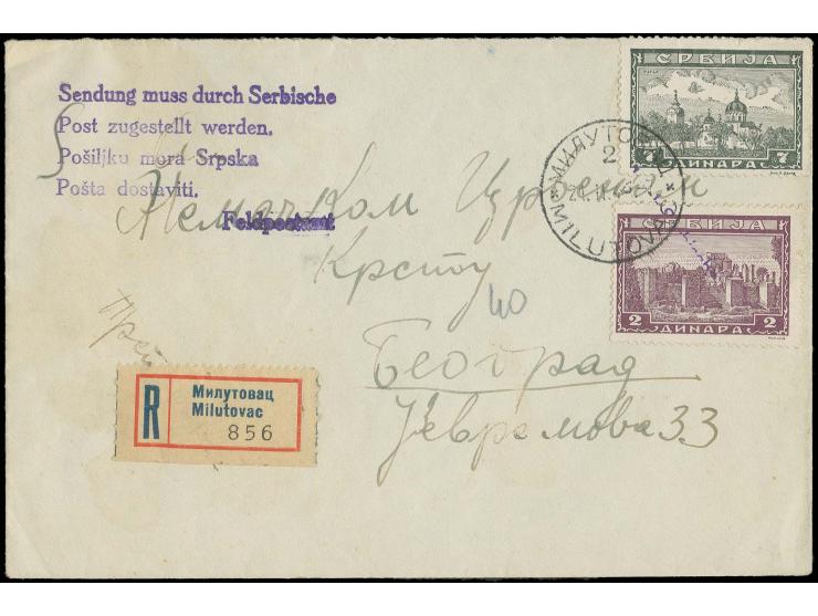 2 und 7 D. mit Stempel "MILUTOVAC 21.11.44" auf R-Brief nach Belgrad, mit seltenem Zensurstempel "Sendung muß durch die serbi