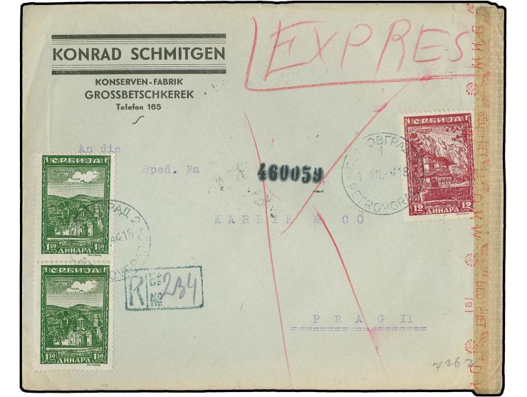 1942, Serbische Klöster 12 Din. dunkelbraunkarmin und senkrechtes Paar 1,50 Din. graugrün mit EKr. "PETROVGRAD 1.VII.44" auf 