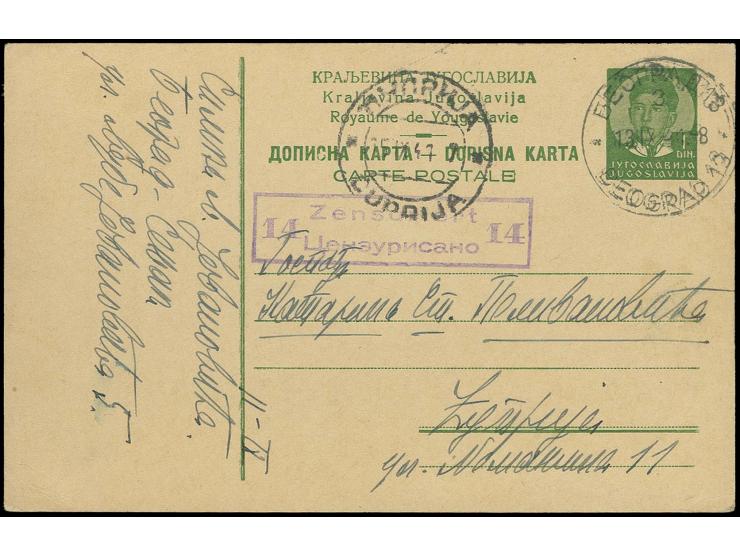 GANZSACHEN: Jugoslawien-Karte 1 Din. grün ab "BEOGRAD 13.IX.41" mit Durchgangsstempel "CUPRIJA 15.IX.41" und Zensurstempel, d