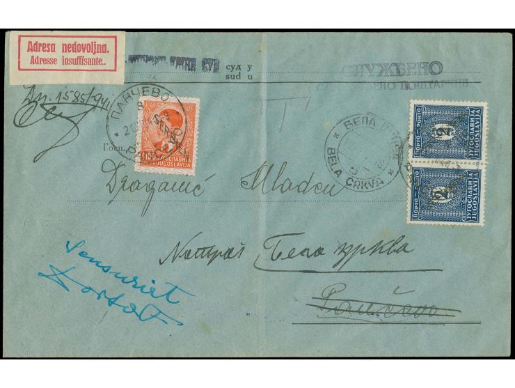 DIVERSES: Gebührenfreier Gerichtsbrief von "BELA CRKVA 23.VIII.41" nach Pancevo und von dort wegen unzureichender Adressangab