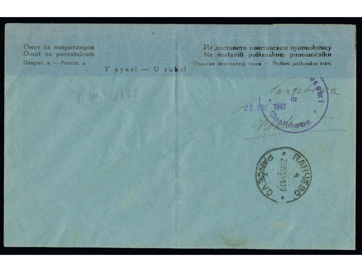 DIVERSES: Gebührenfreier Gerichtsbrief von "BELA CRKVA 23.VIII.41" nach Pancevo und von dort wegen unzureichender Adressangab