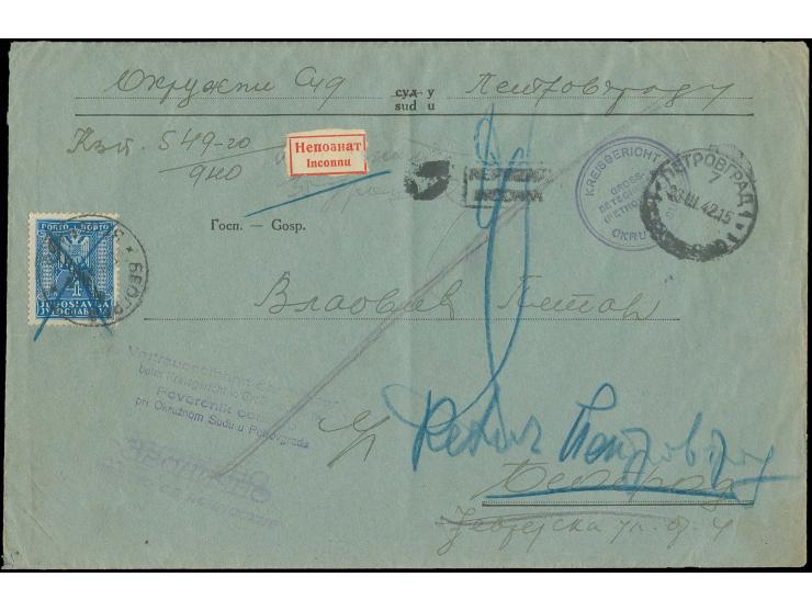 Gebührenfreier Gerichtsbrief von "PETROVGRAD 23.III.42" nach Beograd und von dort retour, vorderseitig Vetrauensmann-Stempel 