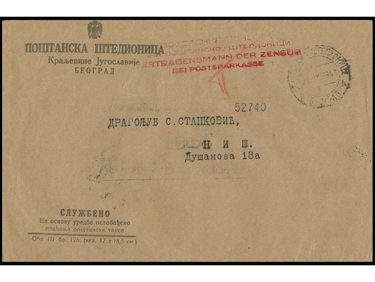 "VERTRAUENSMANN DER ZENSUR BEI POSTSPARKASSE" roter Zensurstempel auf infrankiertem Brief von "BEOGRAD 22.IX.41" nach Nis, gu