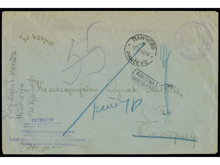  "VERTRAUENSMANN DER ZENSUR BEI DEM KREISGERICHT PANTASCHOWA" violetter Zensurstempel auf unfrankiertem Brief von "PANCEVO 5.