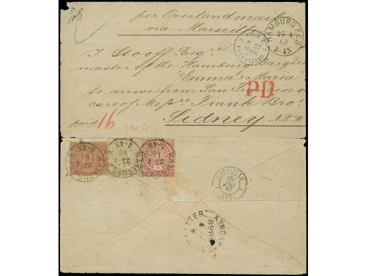  AUSTRALIEN: 1868, 1 Groschen karmin und 5 Groschen ocker in Mischfrankatur mit Preußen 10 Silbergroschen rosa, mit jeweils s