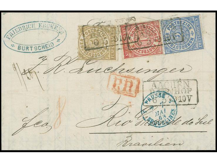  BRASILIEN: 1868, 1 Groschen karmin, 2 Groschen ultramarin und 5 Groschen ocker mit Ra3 "AACHEN BAHNHOF 6 5" (1868) auf Faltb