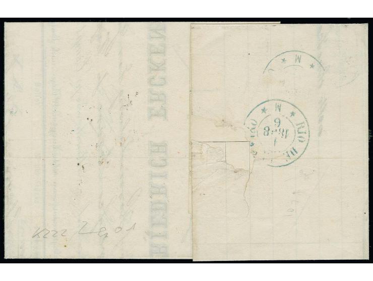  BRASILIEN: 1868, 1 Groschen karmin, 2 Groschen ultramarin und 5 Groschen ocker mit Ra3 "AACHEN BAHNHOF 6 5" (1868) auf Faltb