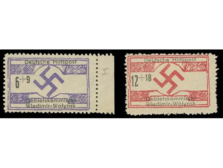 6 Pfg. und 12 Pfg. je mit Plattenfehler "Punkt im o von Gebietskommissar", ohne Gummi wie verausgabt, Pracht, doppelt sign. Z