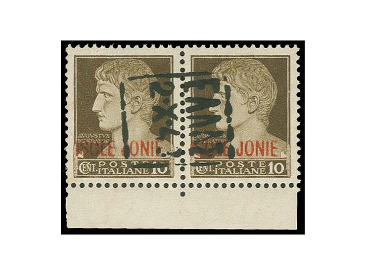 1943, Aufdruck schwarz: 10 C. dunkelbraun im waagerechten Unterrandpaar, nur ein Aufdruck mittig, dieser liegend, sauber unge