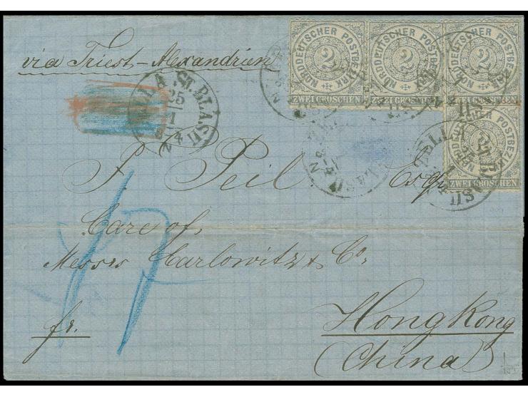  HONGKONG/CHINA: 1869, 2 Groschen ultramarin, 4 Einzelwerte mit Taxis-EKr. "ZELLA ST. BLAS II 25/1" (1871) auf Briefhülle mit
