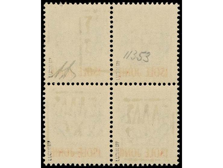 50 C. hellviolett im Viererblock, das obere Paar mit nur einem mittigem Aufdruck, postfrisch, einwandfrei, selten, sign. Ludi