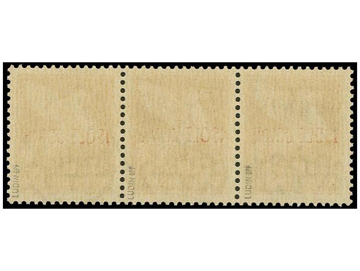 50 C. dunkelbraun im waagerechtem Dreierstreifen, die rechte Marke mit um ca. 45° nach rechts gedrehtem Aufdruck, postfrisch,