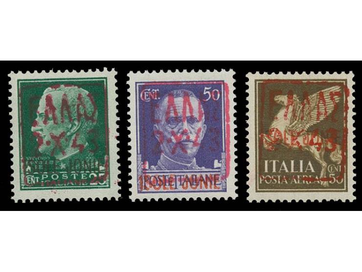 1943, Aufdruck rot:  Freimarken 25 C. grün und 50 C. violett und Flugpostmarke 50 C. braun, postfrisch, Kabinett, sign. Dross