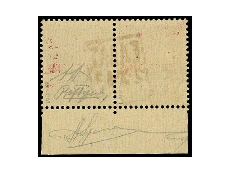 50 C. dunkelbraun im waagerechtem Unterrandpaar, der Aufdruck nur einmal mittig, postfrisch, einwandfrei, sign. Diena und Lud