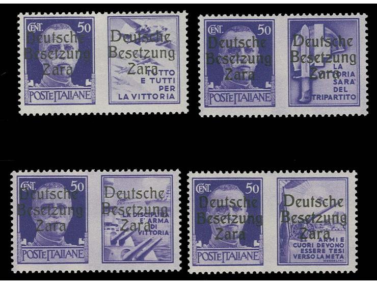 1943, 50 C. hellviolett mit Propagandafeld P1 bis P4, jeweils mit Aufdrucktype I auf Markenfeld und Type II auf Propagandafel