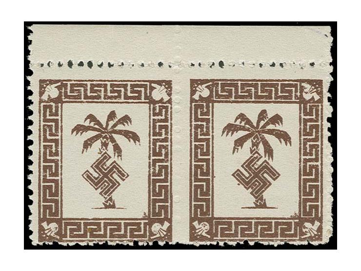 1943, Tunis-Zulassungsmarke auf hellgraugelbem Papier, waagerechtes Paar mit Oberrand und Original-Gummierung, rückseitig mit