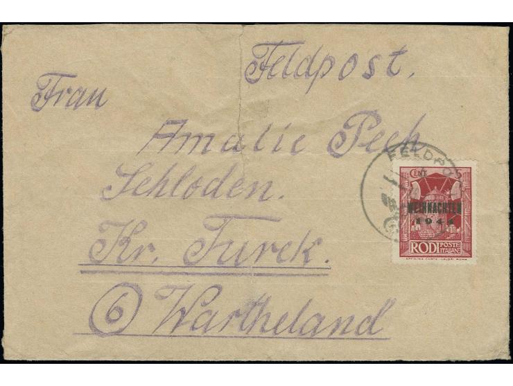1944, Insel Rhodos, Weihnachtsmarke, Type I mit klarem Feldpoststempel "15.1.45" auf Brief nach Wartheland, der Umschlag vord