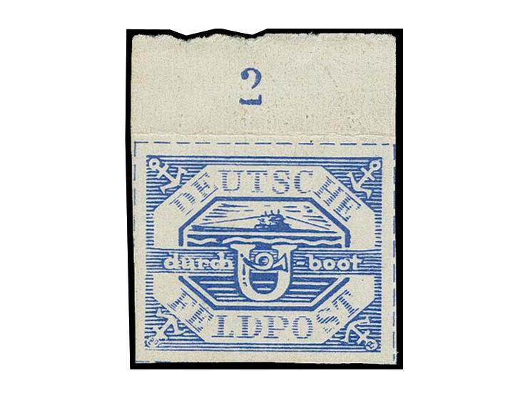 1945, U-Boot Hela hellblau, Oberrandstück, ohne Gummi wie verausgabt, im Oberrand gefaltet, Pracht