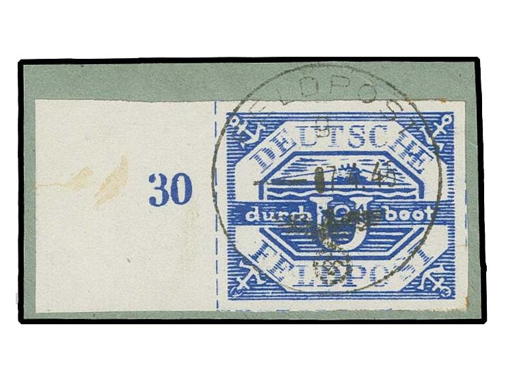  1945, U-Boot Hela blau mit linkem Seitenrand mit Normstempel "g 7.4.45" auf Briefstück, Kabinett, Fotoattest Gabisch BPP