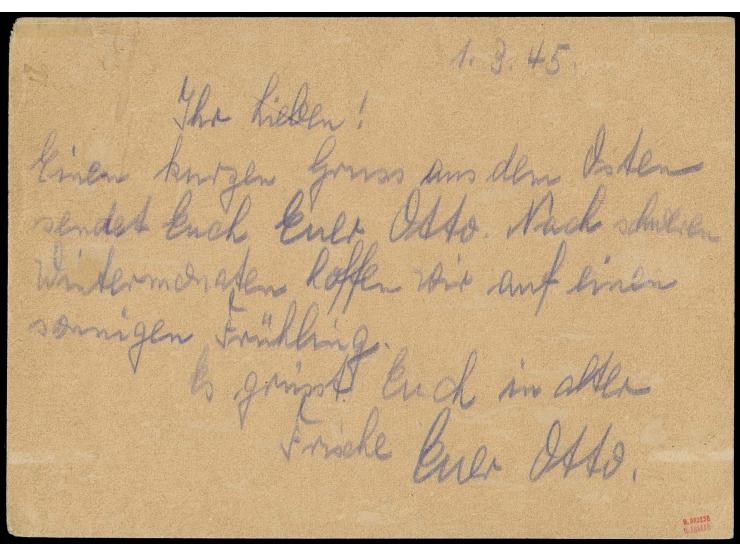 Ostpreussen Feldpost 1945, magere Schrift: gelbbeige Karte Feldpost Nr. 49126 (Stab Panzer-Pionier-Bataillon Hermann Göring) 