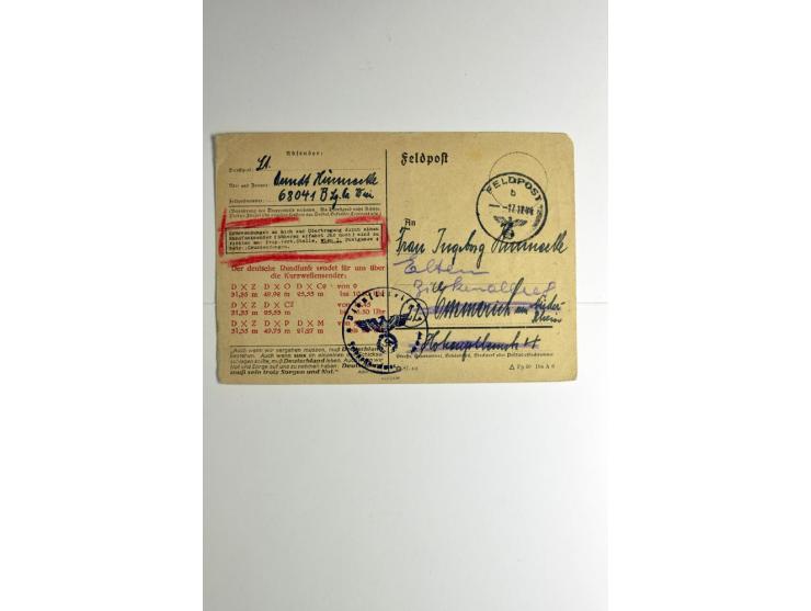RHODOS 1944, Inselpost-Benachrichtigungskarte für die Eröffnung des Inselpostdienstes mit Dienstsiegel und Feldpoststempel "b
