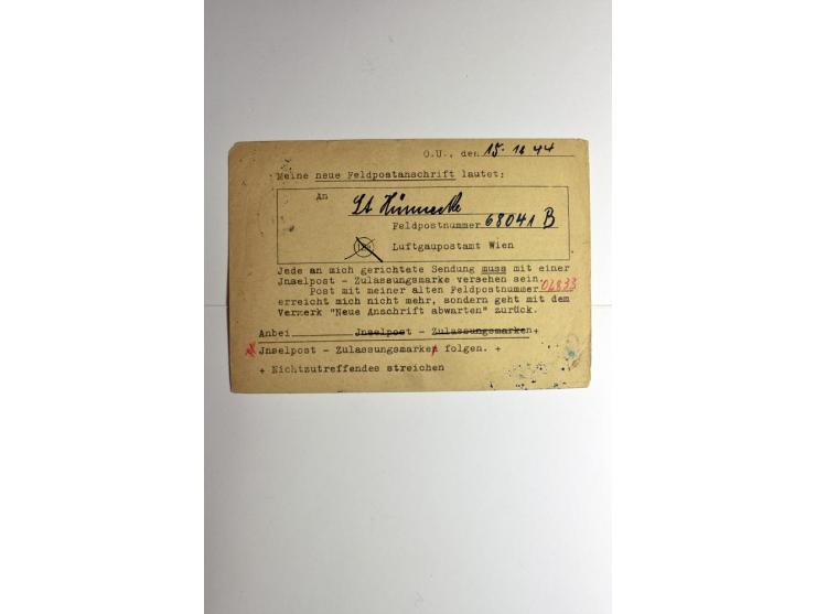 RHODOS 1944, Inselpost-Benachrichtigungskarte für die Eröffnung des Inselpostdienstes mit Dienstsiegel und Feldpoststempel "b