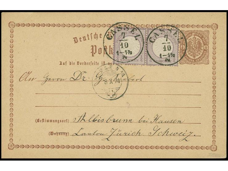  Großer Schild ¼ Groschen im waagerechten Paar als Zufrankatur auf Ganzsachenkarte ½ Groschen mit EKr. "CASSEL 7/19" (1874) n