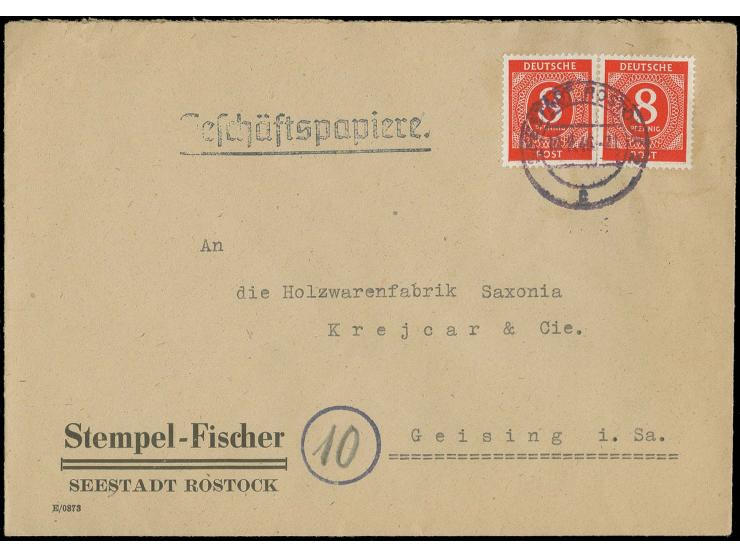 1946, Ziffer 8 Pfg. orange im waagerechten Paar auf Brief von "SEESTADT ROSTOCK 16.2.46" mit Nebenstempel "Geschäftspapiere" 
