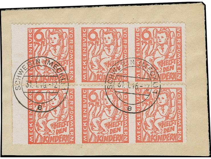 1945, Kinderhilfe 6 Pfg. rosarot, senkrecht ungezähnt im waagerechten 6er-Block mit linkem Rand auf Briefstück, sign. Kramp B
