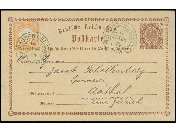  Großer Schild ½ Groschen orange mit Hufeisenstempel "MÜLHAUSEN i. ELSASS 19 OCTBR 74" als Zufrankatur auf Ganzsachenkarte ½ 